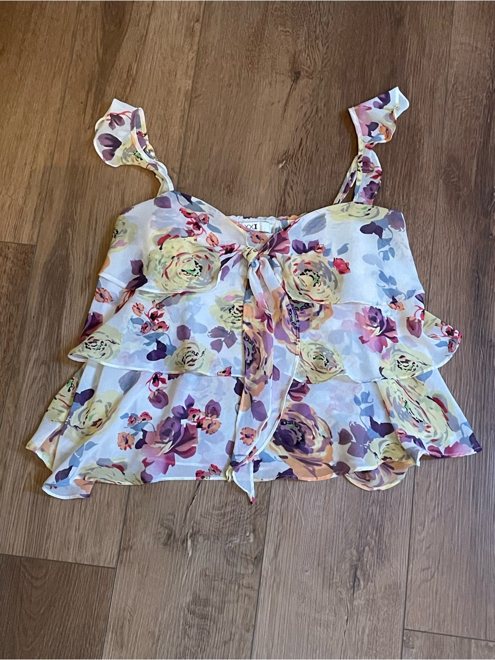 White Floral Tie-Front Ruffle Camisole